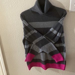 Grey Striped Turtleneck Sweater with Hot Pink Trim